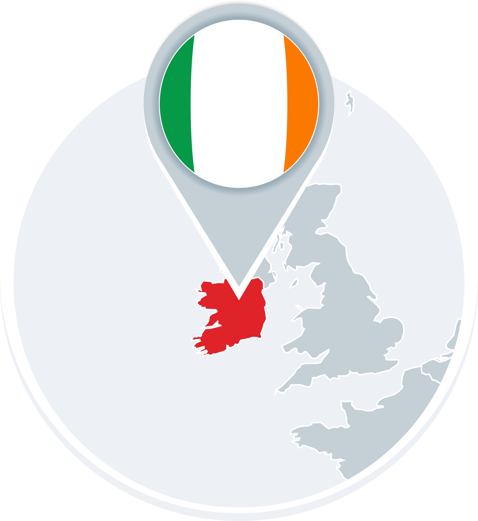 Ireland map and flag, map icon with highlighted Ireland