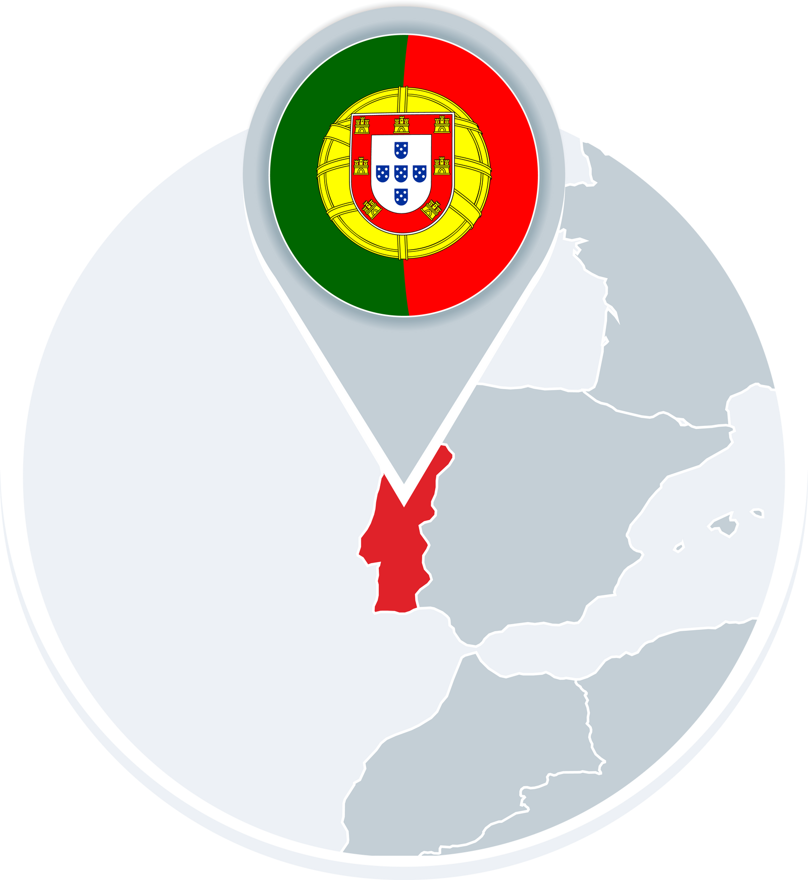 Portugal map and flag, map icon with highlighted Portugal